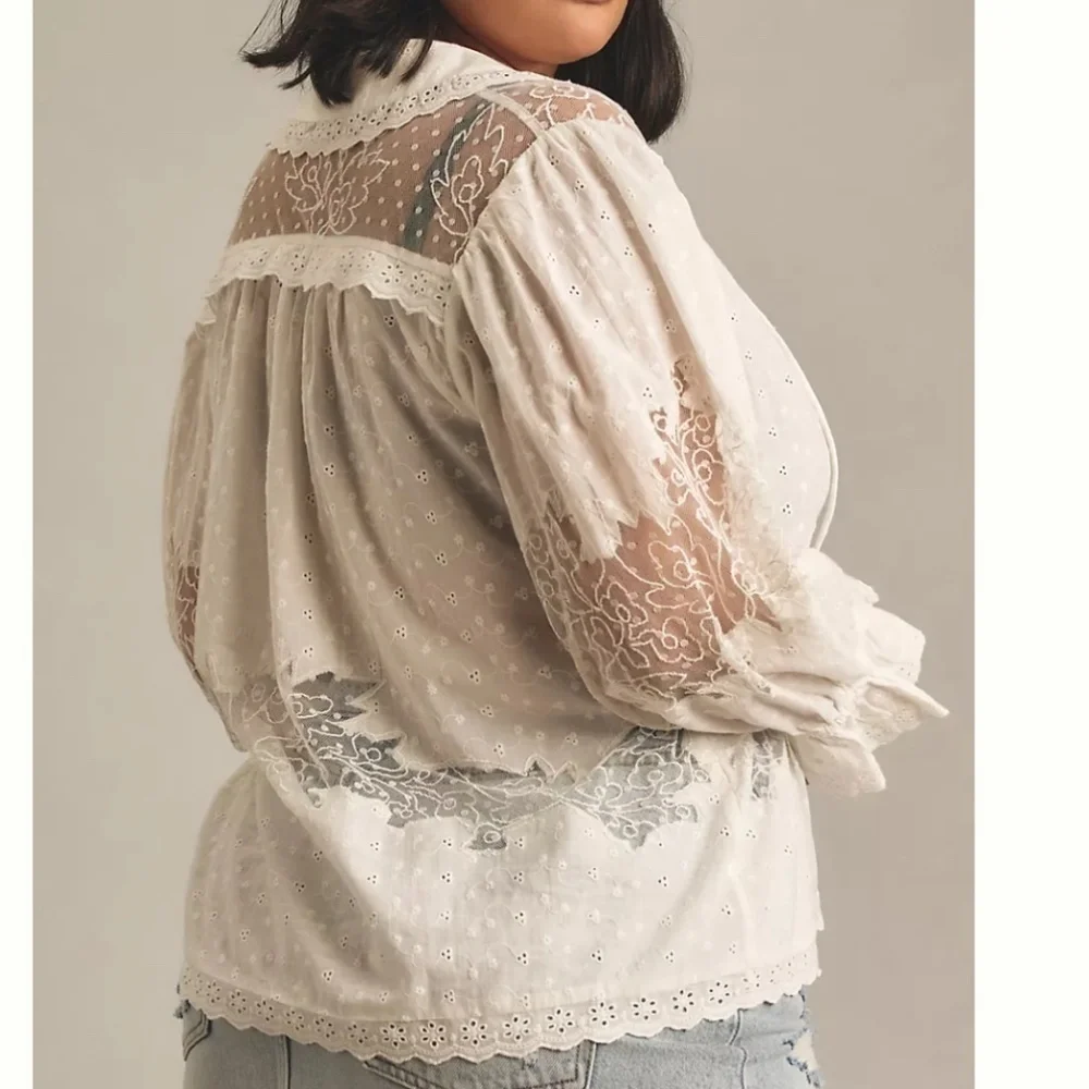Anthropologie White Eyelet Lace Button-Front Blouse